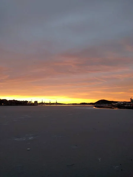 Sonnenuntergang Den Docks Der Stadt Winter — Stockfoto