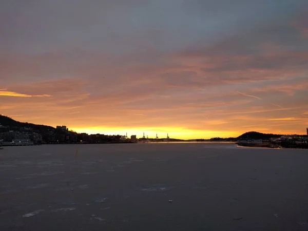 Sonnenuntergang Den Docks Der Stadt Winter — Stockfoto