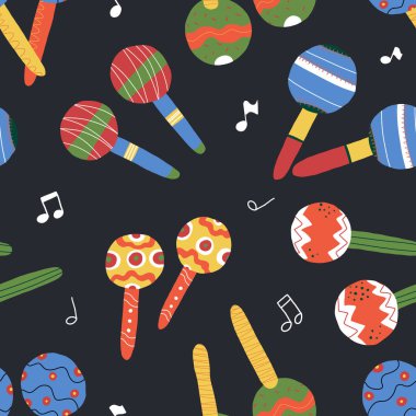 Meksika marakas ve müzik notaları tekstil, kumaş baskısı, ambalaj kağıdı ve diğer tasarım modelleri için kusursuz vektör deseni