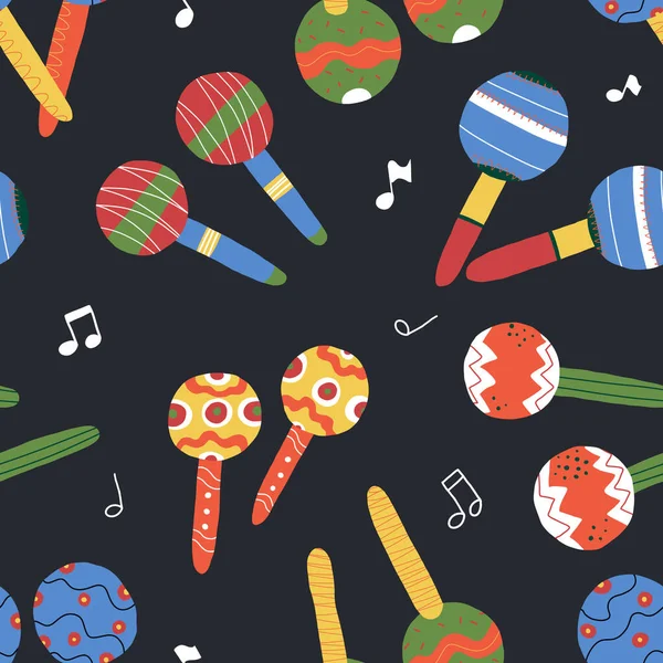 Mexican maracas and musical notes seamless vector pattern for textile, fabric print, wrapping paper and other design — Stock Vector