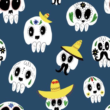 Dia de los muertos pürüzsüz desen. Bıyıklı, sombrerolu, çiçekli ve yapraklı şeker kafatasları..
