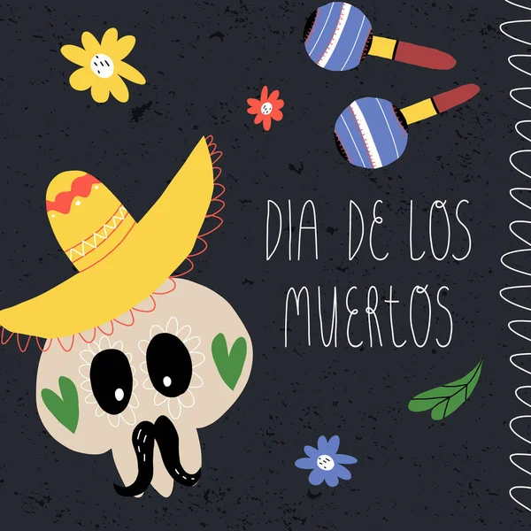 День мёртвой карты, шаблон баннера. Сахарный череп с усами в сомбреро, маракасе и надписях "Dia de los Muertos". — стоковый вектор