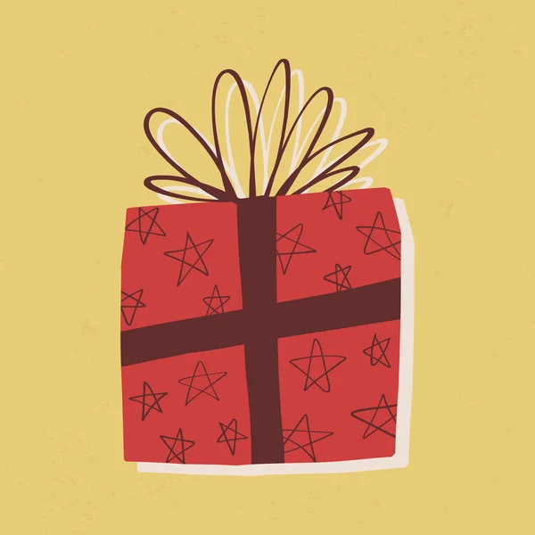 Retro styl dárková krabice s stuhami a luk na žlutém texturovaném pozadí. Narozeniny, Vánoce, Nový rok. — Stockový vektor