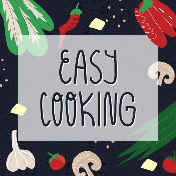 Łatwy szablon baner gotowania. Pisanie tekstu i warzyw, takich jak papryka, chili, pomidor, a także grzyby, zielenina i tofu — Wektor stockowy