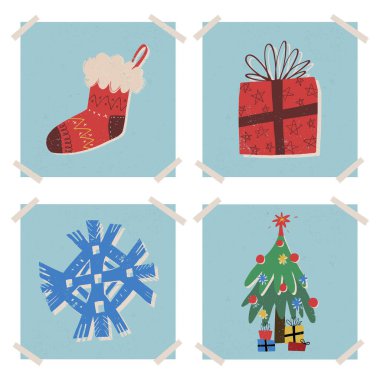 Yeni yıl duvar resimleri ya da yapışkan bantlı kartpostallar. Kar tanesi, süslü Noel ağacı, çorap, hediye kutusu..