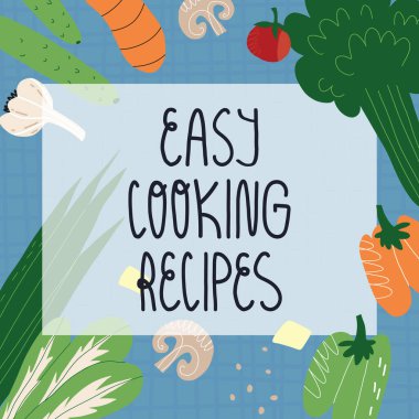 Kolay pişirme tarifleri afişi. Tartan masa örtüsü, sebze, tofu veya peynir, yeşillik, baharat, kültür mantarları. Vektör el çizimi illüstrasyon.