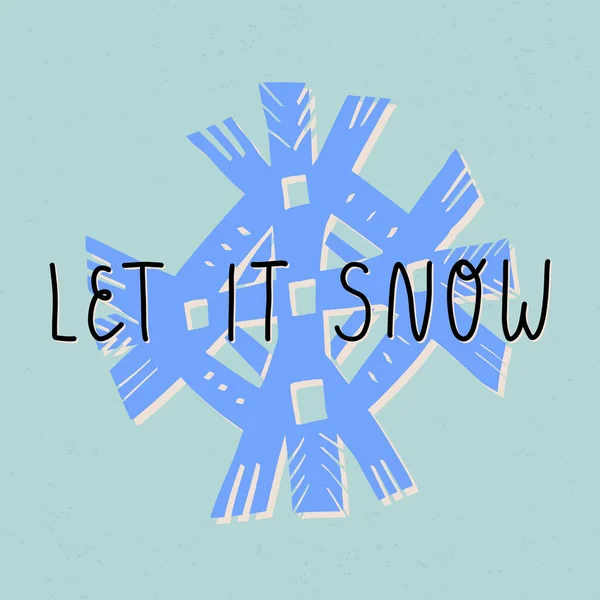 Bannière de style rétro mignon ou design de carte. Lettrage Laissez-le neige et flocons de neige sur fond bleu texturé. — Image vectorielle
