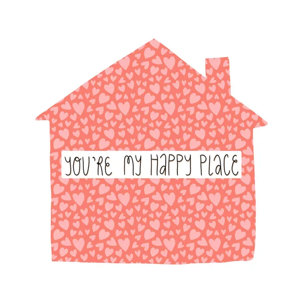 Valentinstag Grußkarte niedliches Design. Das Haus voller rosa Herzen und handgeschriebener Schriftzüge. — Stockvektor