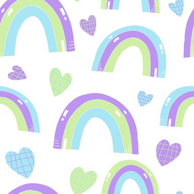 Gökkuşakları ve ekose kalplerle izole edilmiş şirin, parlak, pürüzsüz bir desen. El çizimi vektör illüstrasyonu.
