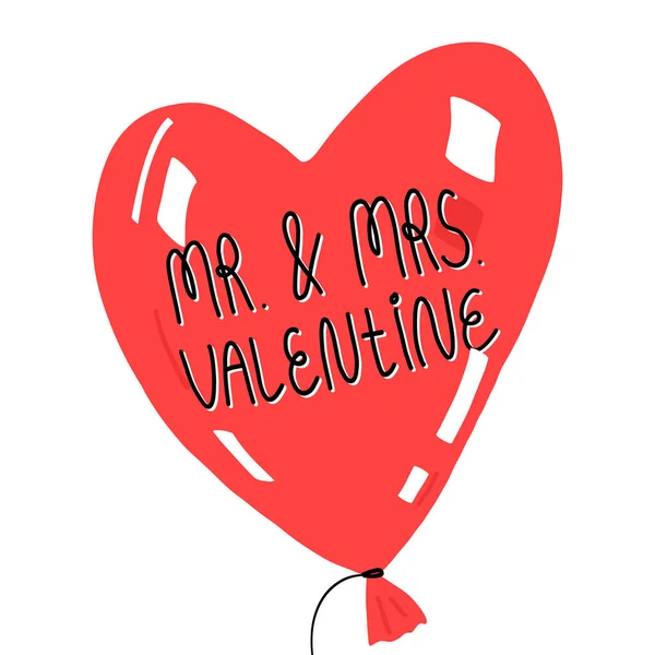 情人节快乐贺卡的设计。先生和夫人在一个光滑的心气球上刻着可爱的字母. — 图库矢量图片