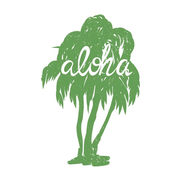 Silhueta palmeiras desenhadas à mão com textura frágil e letras Aloha. Ícone bonito, rótulo, design de adesivo em estilo retro. — Vetor de Stock