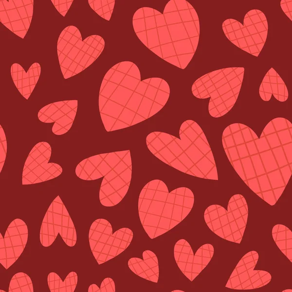 Απρόσκοπτη μοτίβο σε μπορντό κόκκινο φόντο με διάφορες ροζ καρδιές ταρτάν. Χαριτωμένο σχέδιο για κλωστοϋφαντουργικά και άλλα έντυπα. — Διανυσματικό Αρχείο