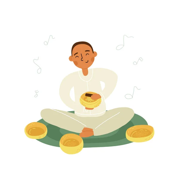 An Asian boy or young man do singing bowls healing therapy sitting on the mat, a lot of metallic bowls nearby. — Stock Vector