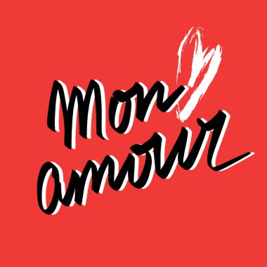 Amour el yazısı ve kırmızı arka planda beyaz fırça darbesi. Sevgililer Gününüz kutlu olsun.. 