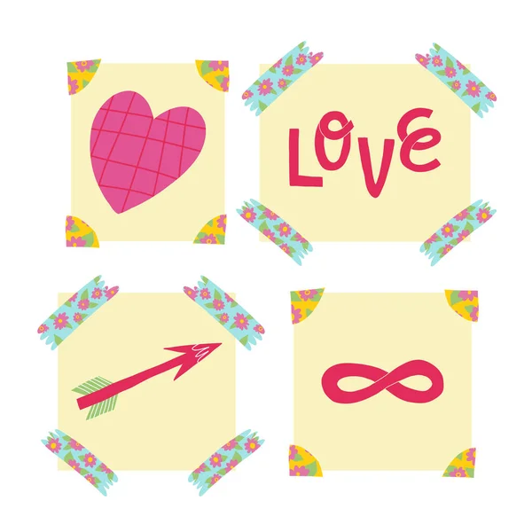 Un lindo conjunto de notas adhesivas con cinta washi y esquinas de fotos. Pegatinas de San Valentín. Corazón, amor, flecha y signo de infinito — Vector de stock