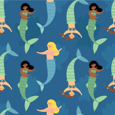 Çeşitli görünümlü denizkızları kusursuz desenli. Çocuk giysileri, tekstil ve diğer şeyler için mavi arka planda vektör tasarımı
