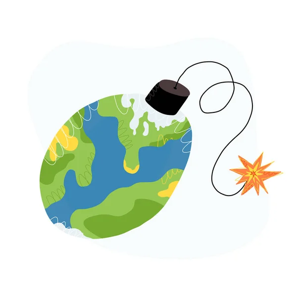 Planet Earth bomb with a lit burning fuse is ready to explode any minute. An impending ecological disaster concept. — Stock Vector