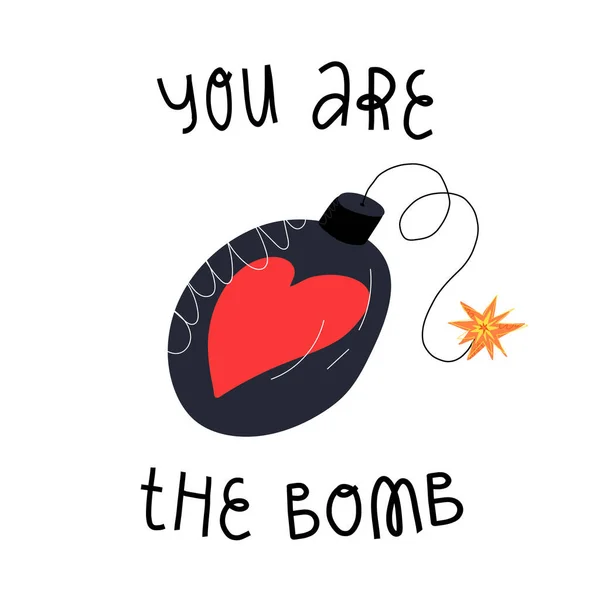 Valentinstag Karten entwerfen. Du bist der Bomben-Schriftzug und eine brennende und explosionsbereite Bombe mit Herz drauf. — Stockvektor