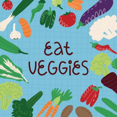 Sebze pankartı yiyin. Mavi tartan masa örtüsü, çeşitli sebzeler ve yeşillikler çerçevesi ve sevimli el yazmaları.. 