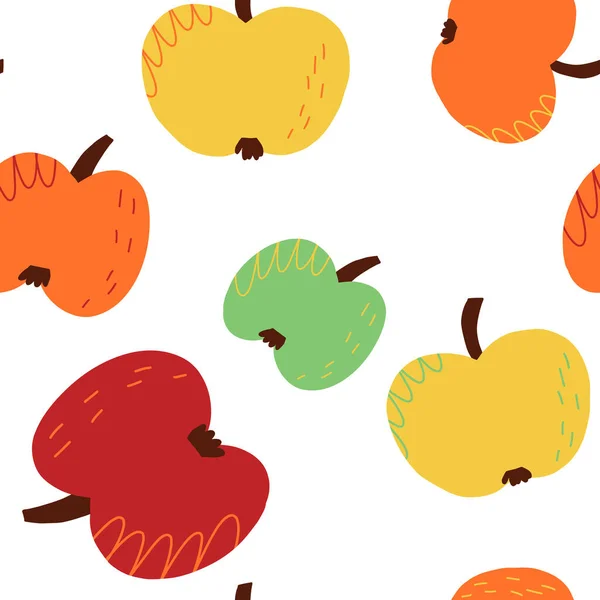 Linda variedad de manzanas amarillas, rojas y verdes. Patrón sin costura dibujado a mano divertido sobre fondo aislado. — Vector de stock