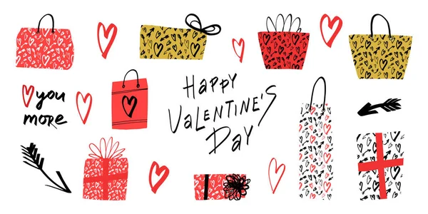 Feliz dia dos namorados lettering e doodle estilo conjunto dos elementos como presentes e sacos de compras com decoração do coração. — Vetor de Stock