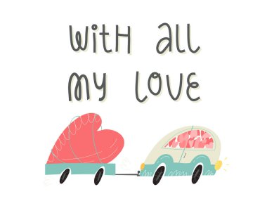 Karavanda kocaman bir kalbi olan kalplerle dolu şirin bir retro araba. Tüm aşk mektuplarımla. Sevgililer Günü kartı..