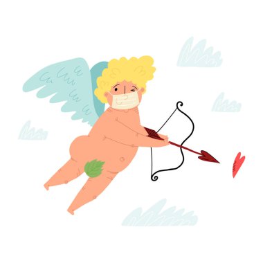 Tıbbi yüz maskeli, sapanlı ve kalbe ok atan sevimli, el yapımı uçan bir aşk tanrısı. Bulutlar etrafımızda.