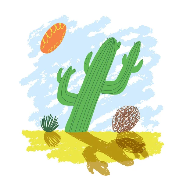 Paisagem mexicana selvagem bonito com um cacto engraçado e uma grama tombo. Design de cartão vetorial, impressão de t-shirt. — Vetor de Stock