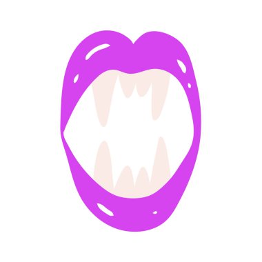 Güzel mor dudaklar, açık dişler ve görünür vampir dişleri. Vektör illüstrasyonu.