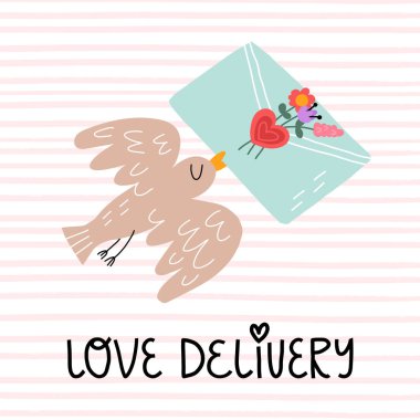 Sevgililer Günü tebrik kartı tasarımı. Sevgi mektupları. Sevimli bir kuş, balmumu sahil kenarında büyük bir aşk mektubu teslim eder..