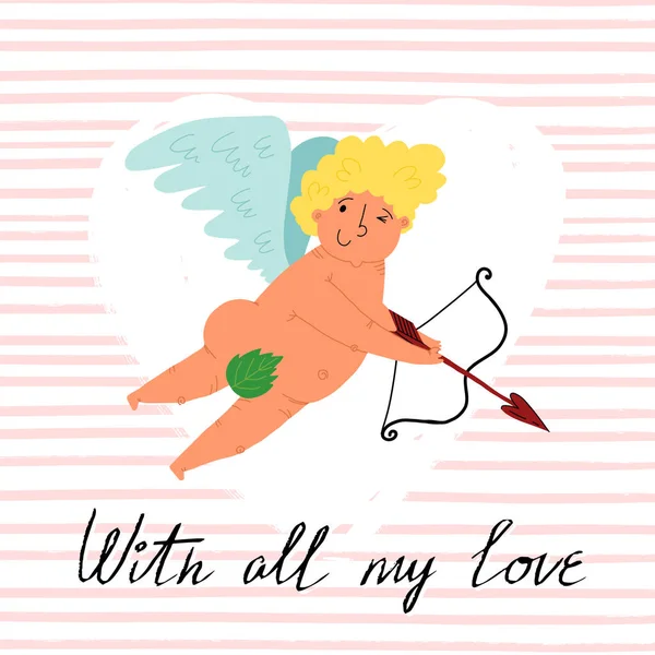 Valentinstagskarten entwerfen. Ein niedlicher, handgezeichneter Amor mit Schlingen und Pfeil. Rosa gestreifter texturierter Hintergrund. — Stockvektor