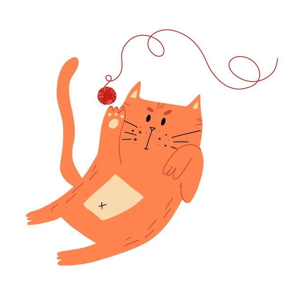 Mignon gingembre chat joue avec tricot boule ou fil. Illustration vectorielle dessinée à la main isolée. — Image vectorielle