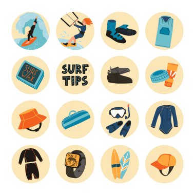 Sörf ve uçurtma sörfü ikonu ya da röfle setleri. Giysiler, ekipmanlar, bir kızın avatarı ve dalgayı yakalayan bir sörfçü..