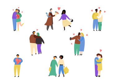 Birbirine aşık çiftler. Sarılmak, yürümek, kırık kalp, hediye vermek, bebek beklemek, selfie çekmek..