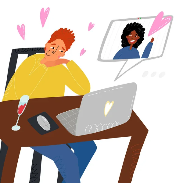 Afstandelijk stel in love video call, online date, Valentijnsdag tijdens Covid concept. Een man praat met zijn vriendin.. — Stockvector