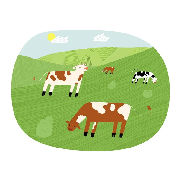 Grappig schattig weiland met koeien op een veld in een zonnige dag. Vector hand getekende stijl geïsoleerde label illustratie. — Stockvector