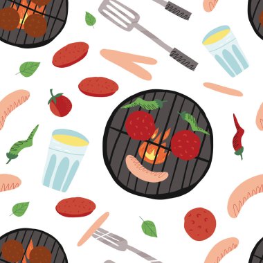 Barbekü kusursuz desen. Spatula ve ızgara çatal, ızgara gülümseme, lezzetli sosisler, hamburger köfteleri, limonata, sebzeler.. 