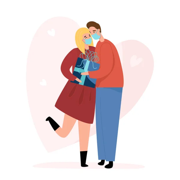 医療面の愛のカップルは贈り物を与える。バレンタインデー、コヴィッド-19パンデミックの概念中の誕生日のお祝い — ストックベクタ