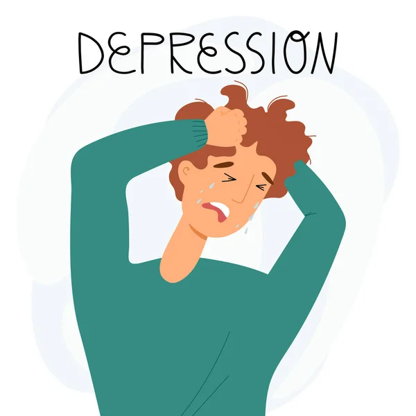 Depresyonda, çok stresli ya da ağır bir insan konsepti alıyor. Genç adam ağlıyor, elleriyle başını tutuyor..
