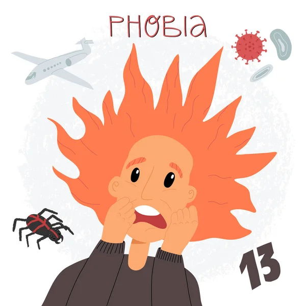 Phobia, irrationele angsten, mentaal afwijkend concept. Een huilende, angstige, paniekerige vrouw met geperste handen.. — Stockvector