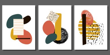 Modern soyut posterler. Değişik şekiller, moda renklerde el yapımı sanatsal dokular. Vektör izole illüstrasyonu