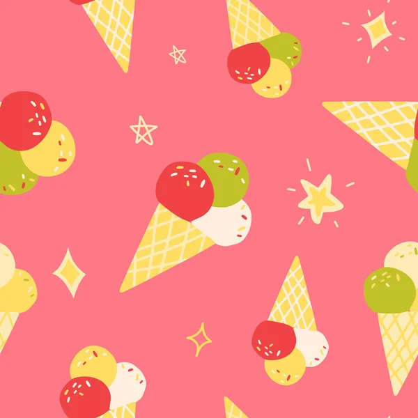 Cute seamless pattern with various taste ice cream cones on pink background. Cartoon vector illustration. — Archivo Imágenes Vectoriales