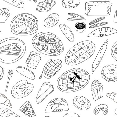 Cute doodle seamless pattern with various traditional American, Spanish, German, Italian and other bakery and pastry.