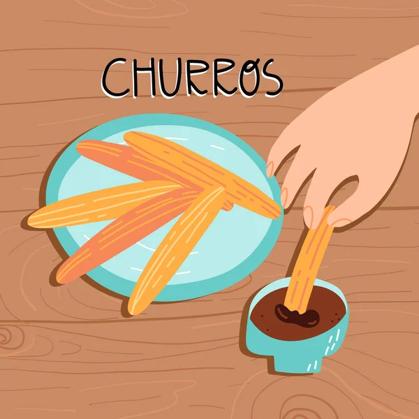 Dolce tradizionale spagnolo e portoghese. Una persona tiene in mano uno snack dolce e lo inzuppa in una salsa di cioccolato. — Vettoriale Stock