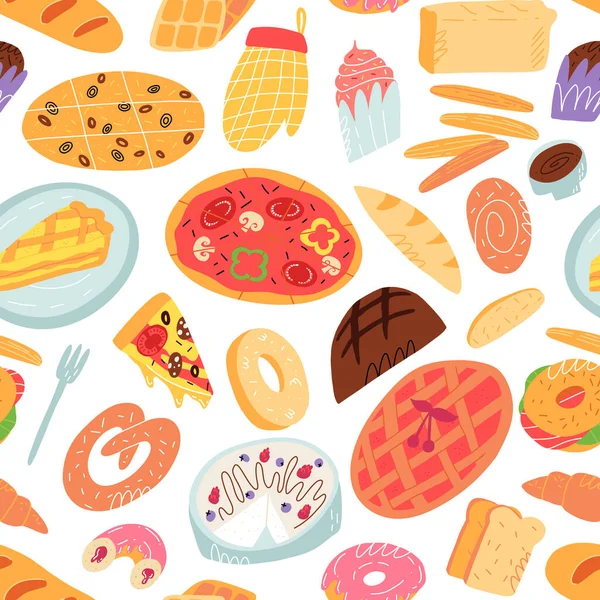 A cartoon seamless pattern with various traditional American, Italian and other bakery, pastry and desserts. — Stock Vector