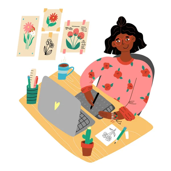 Menina bonito, designer gráfico ou artista digital trabalho de casa, desenho em tablet e assistir na tela do laptop, esboço nas proximidades —  Vetores de Stock