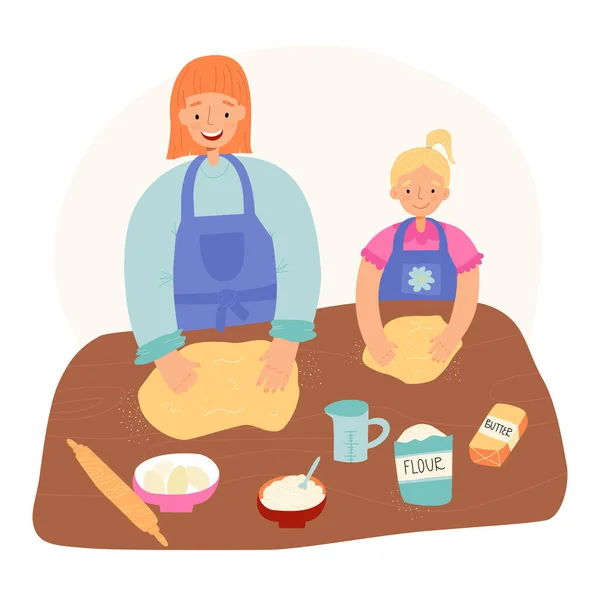 Семейное времяпрепровождение, выпечка пасхальных выпечек. Мама учит свою маленькую дочь печь и показывает, как бить тесто. — стоковый вектор