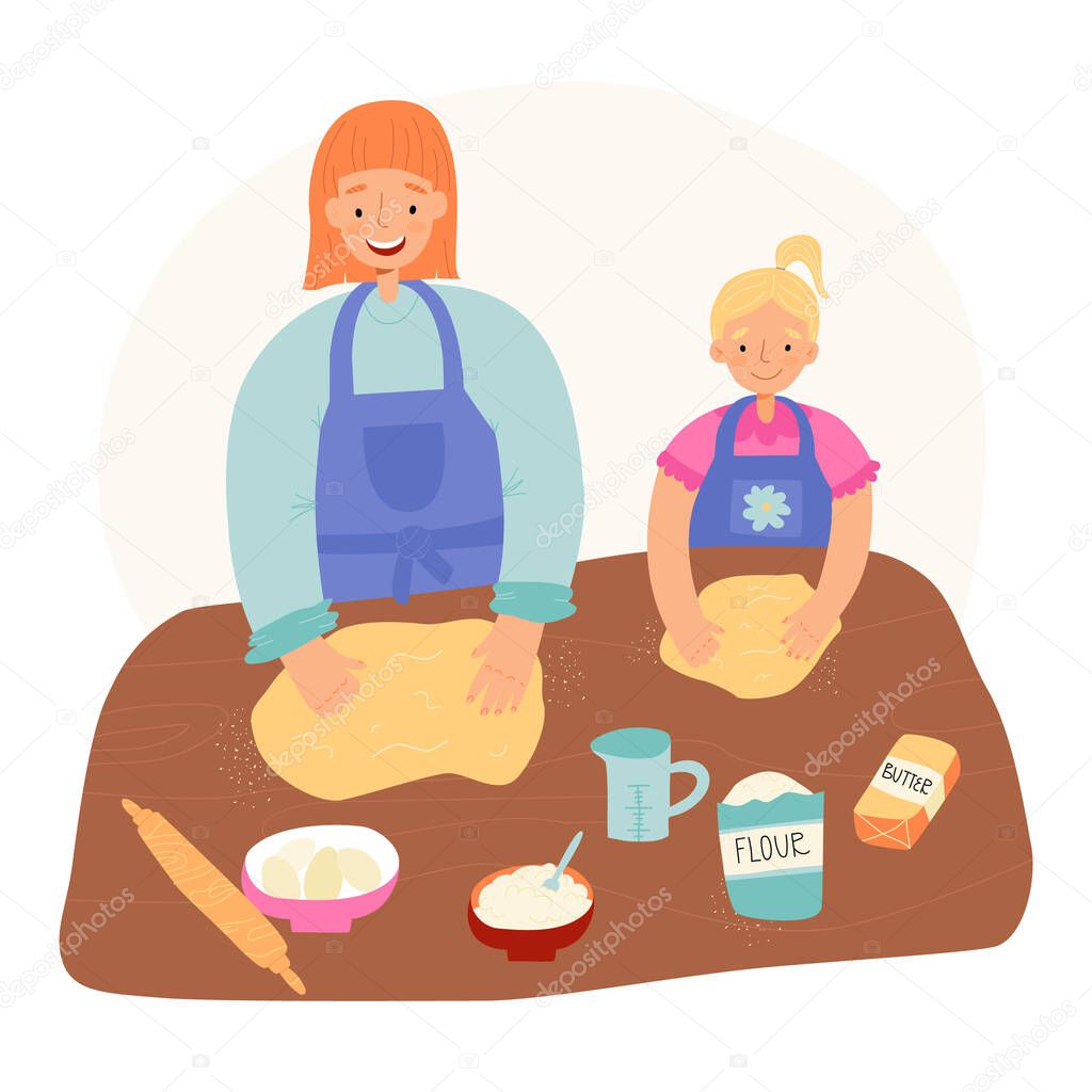 Family pastime, Easter pastry baking banner. Mother teaches her little daughter to bake and shows how to beat dough. 