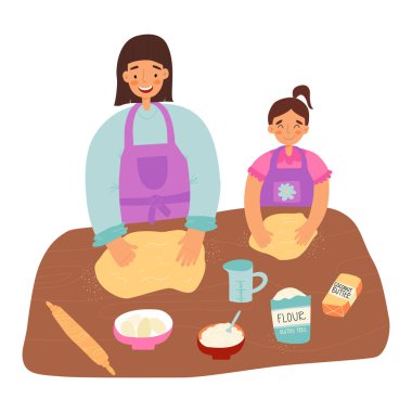 Anne-kız eğlencesi, sağlıklı yemek pişirme konsepti. Kadın küçük kızına glütensiz sağlıklı hamur işi öğretiyor..