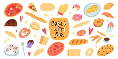 Büyük bir çizgi film fırını ve pasta seti. Çeşitli geleneksel Amerikan, İtalyan, Belçika, Alman, İspanyol hamur işleri, tatlılar.